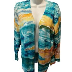 Chico’s Spun Rayon Watercolor Cardigan Sz 2/L Open Concept Notched Hem LS Fall